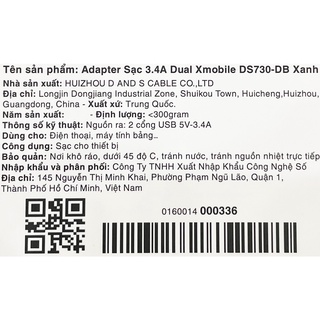 Adapter Sạc 3.4A Dual Xmobile DS730