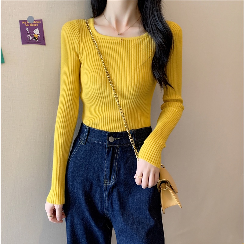 Áo dệt kim ZHELIHANGFEI dài tay cổ vuông ôm dáng linh hoạt cao cấp