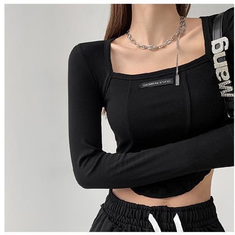 Áo croptop nữ cổ vuông dài tay thêu đắp Shynstores form ôm vải co giãn freeship