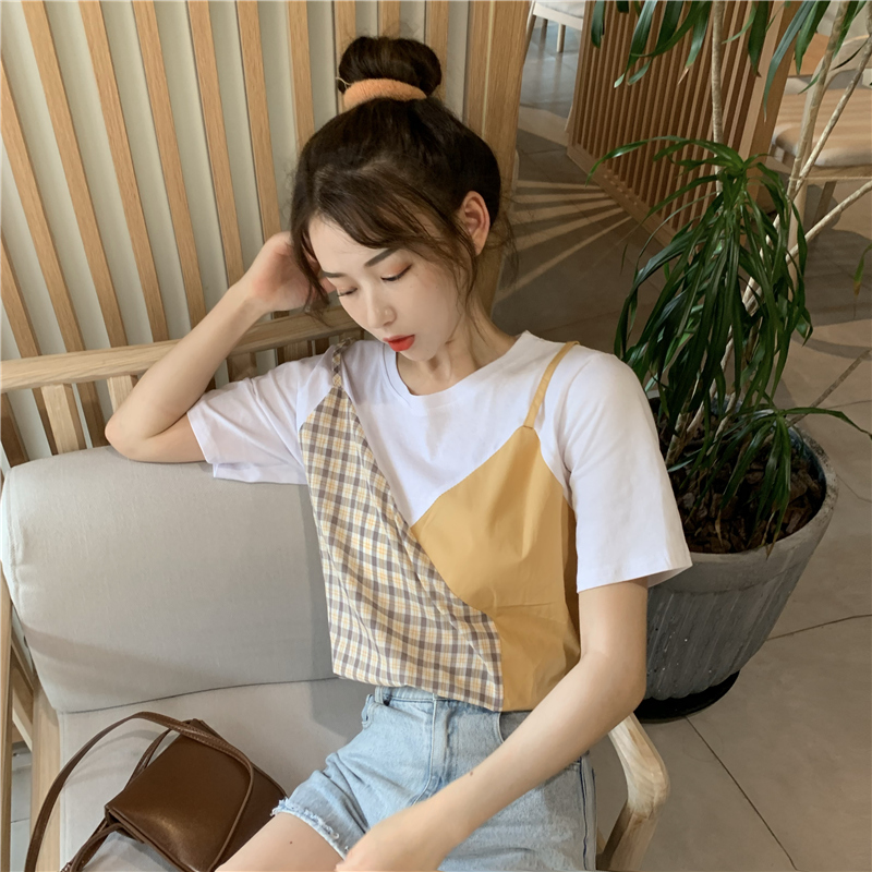 Áo Thun Ngắn Tay Phối Áo Ca Rô Trẻ Trung Dành Cho Nữ