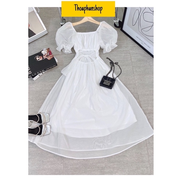 ĐẦM MIDI TRẮNG CUT OUT NƠ LƯNG TAY BÚP [kèm ảnh thật ]