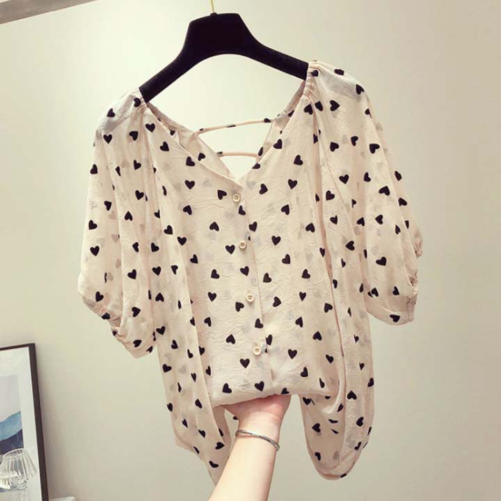Áo voan nữ form rộng chất vải mềm mát cổ V họa tiết chấm tim dễ thương size m - 4xl