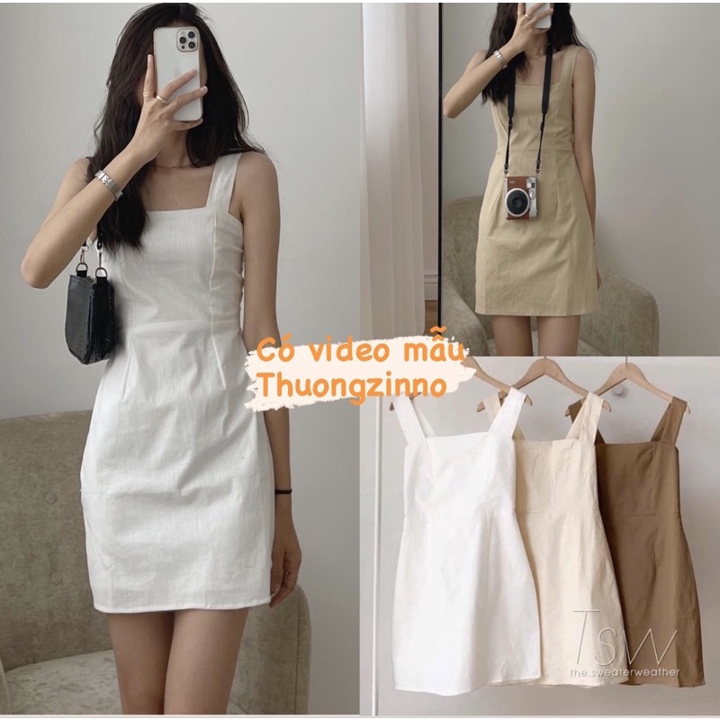 Váy hai dây bản to gam màu Tây Âu Váy hai dây Hàn Quốc dánh suông - SIÊU HOT