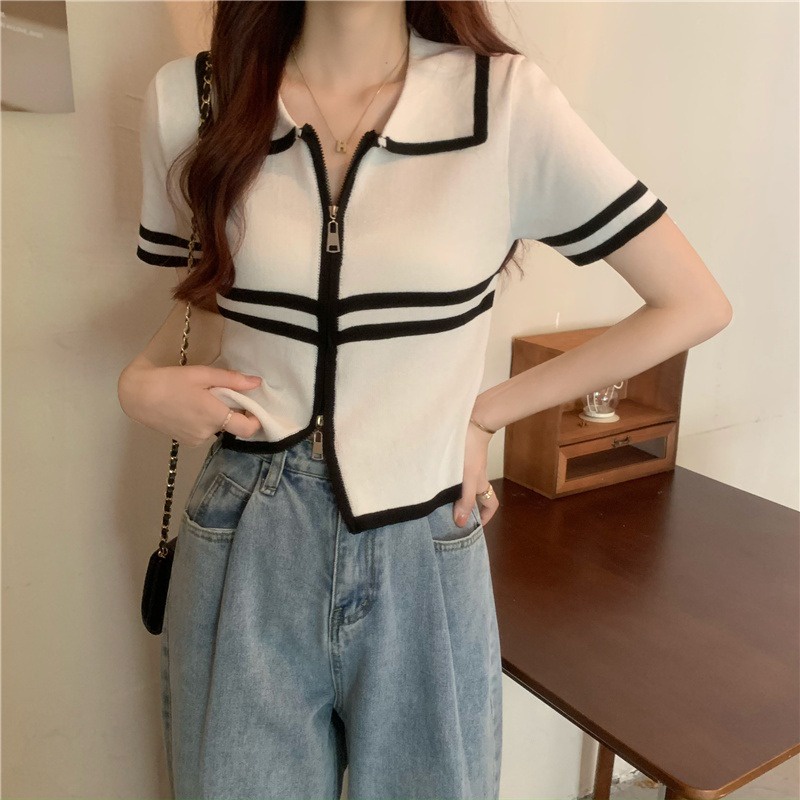 Áo thun ZHELIHANGFEI polo dệt kim ngắn tay phối khóa kéo thời trang