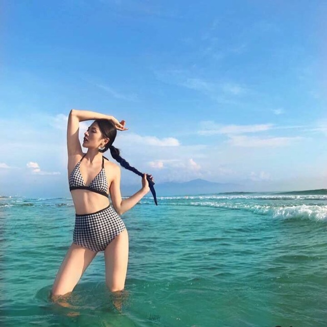 Bikini đồ bơi hoạ tiết caro cạp cao