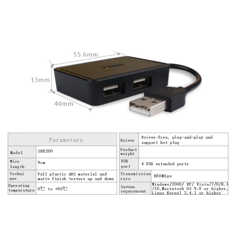 Hub USb bộ chia tín hiệu USB 2.0  từ 1 ra 4 cổng SSK SHU 200 màu trắng, đen