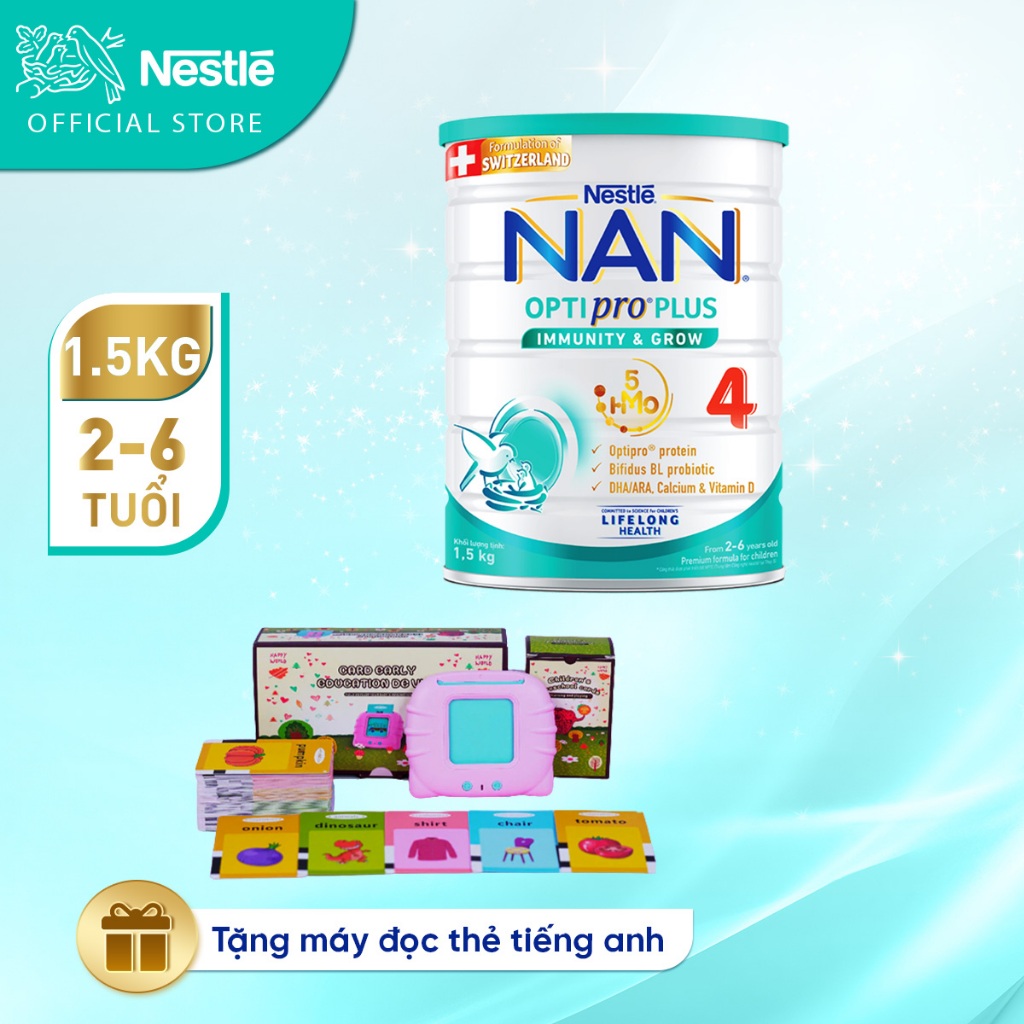 [Tặng Máy đọc thẻ tiếng anh ] Sữa bột Nestlé NAN OPTIPRO PLUS 4 1500g/lon với 5HMO Giúp tiêu hóa tốt