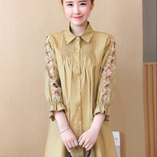 Đầm suông rộng sơ mi tay ren nơ