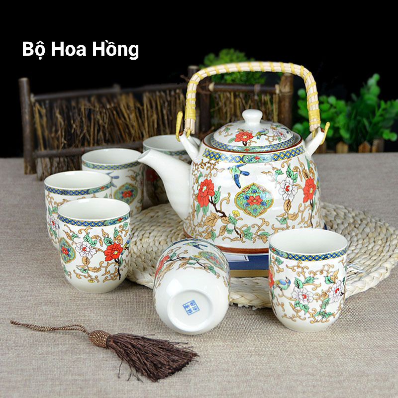 Combo bộ ấm chén uống trà 1 ấm 6 chén kèm khay gỗ hoạ tiết xinh xắn