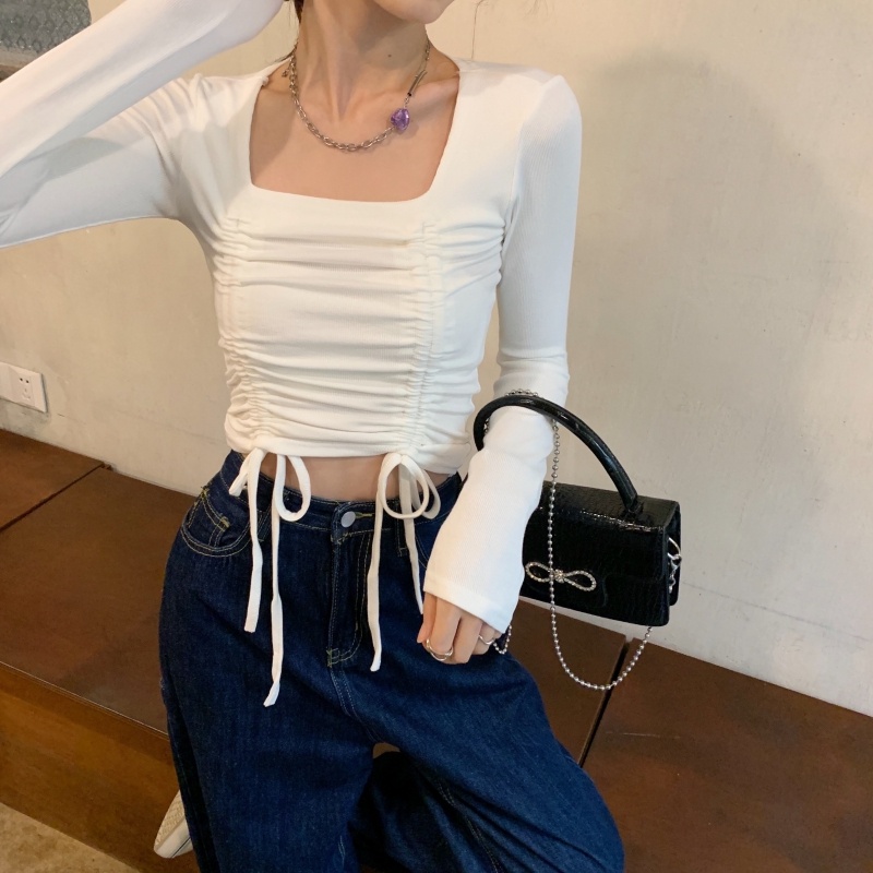 Áo Croptop Tay Dài Cổ Vuông Phối Dây Rút Thời Trang Quyến Rũ Cao Cấp