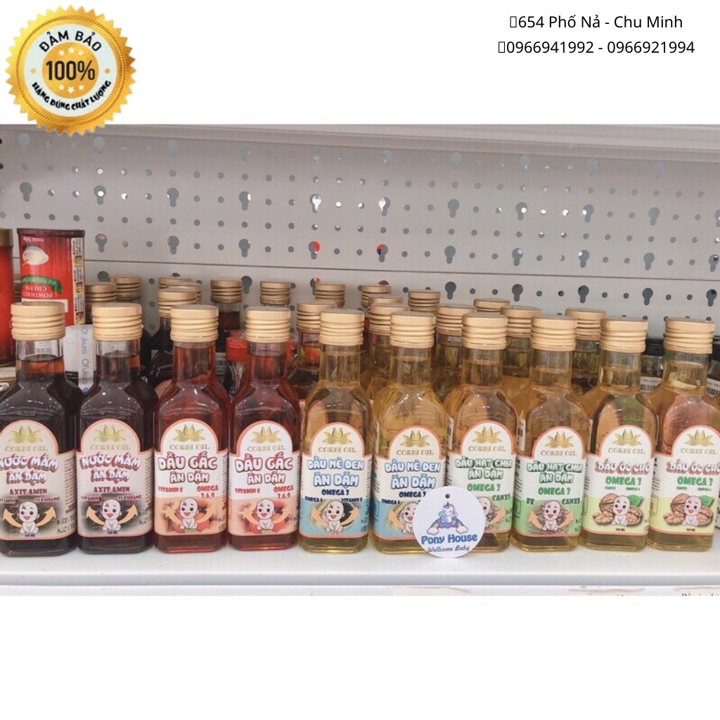 Dầu Ăn dặm CORBI OIL - Dầu Gấc, Mè, Óc Chó, Hạt Chia, Mắm Cho Bé Từ 6 Tháng 150ML Date 2023