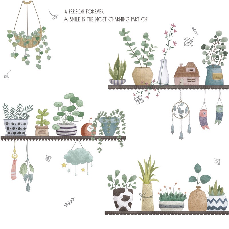 Decal trang trí tường - Những chậu cây sen đá và hoa nhỏ