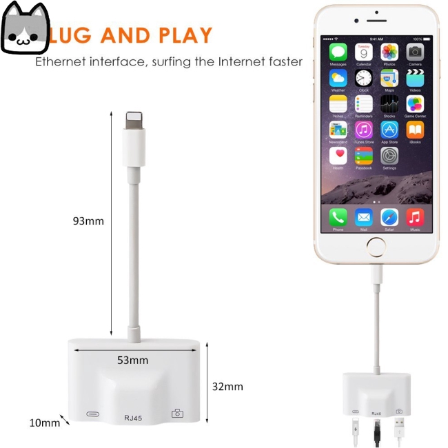 Lightning to RJ45 Ethernet Adapter LAN Wired Network Cable USB Camera Reader Adapter with Charing Port