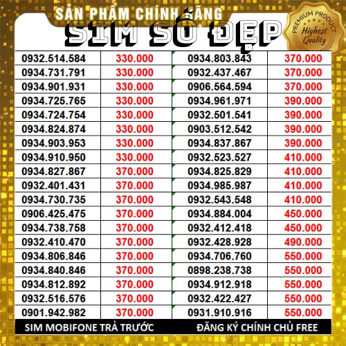 Sim 4G 093* trả trước mobi số đẹp (120GB/tháng, gọi nội mạng free, 50P liên mạng) Đăng ký chính chủ