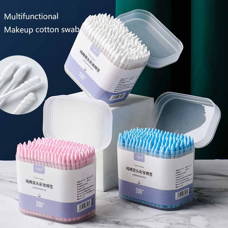 Hộp 200 Tăm Bông Cotton Nhiều Màu Sắc Kèm Hộp Đựng Tiện Lợi