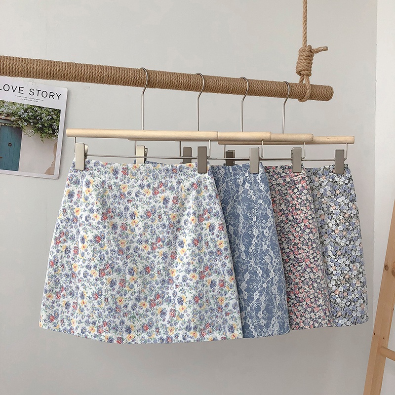 Summer retro lace stitching floral high waist A-line bag hip mini skirt