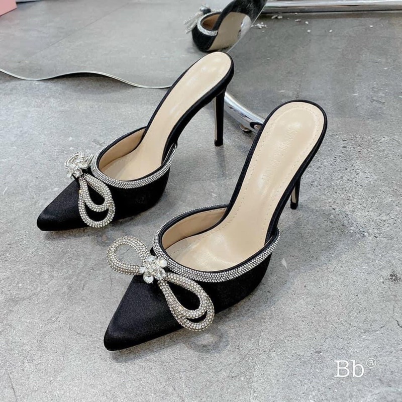 Sục cao gót viền nơ đá gót nhọn 9cm