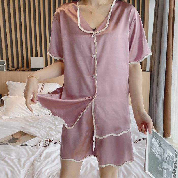 Bộ Đồ Ngủ Ngắn Tay Bằng Lụa Satin Phong Cách Hàn Quốc Cho Nữ