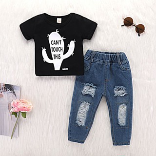 Set áo thun tay ngắn in hình cây xương rồng + quần jean dài phong cách cho bé