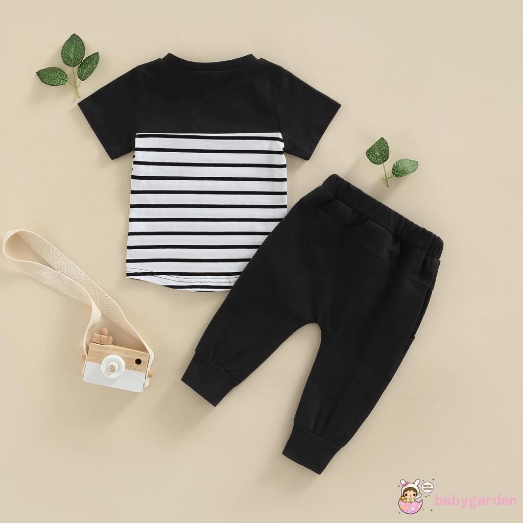 Set Đồ Mùa Hè 2 Món Gồm Áo Thun Tay Ngắn Cổ Tròn Kẻ Sọc + Quần Dài Màu Trơn Cho Bé Trai 6 Tháng Tuổi