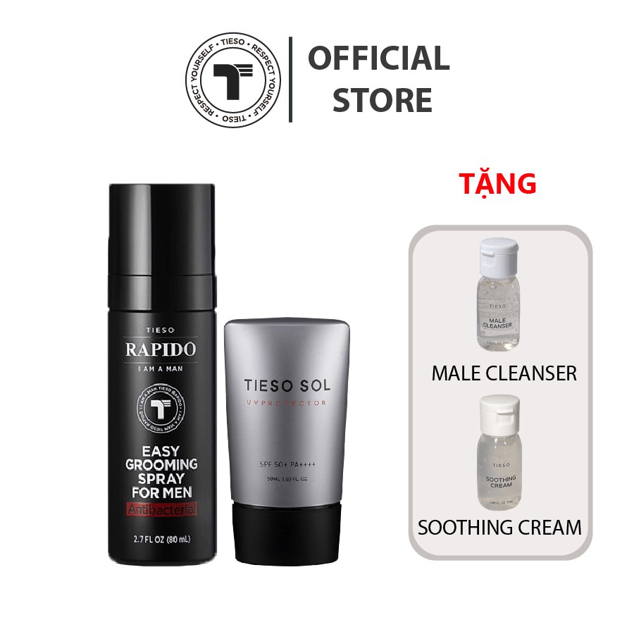 [Tặng sample Tieso Cleanser 20ml+Soothing 20ml] Combo Tieso Xịt khử khuẩn vùng râu body 80ml+Kem chống nắng chống UV50ml