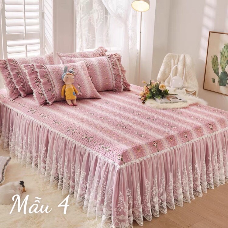 Set ga gối phủ chân giường chần bông hoạ tiết hoa nhí, bộ ga gối Hàn Quốc MỊN KIDS