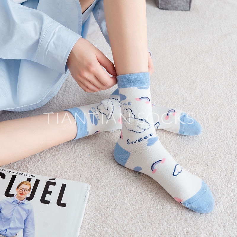 TIAN TIAN T124 Hàng mới về Tất nữ cổ cao Vớ cổ trung in hình gấu thỏ hoạt hình phong cách Nhật Bản thu đông cao cấp