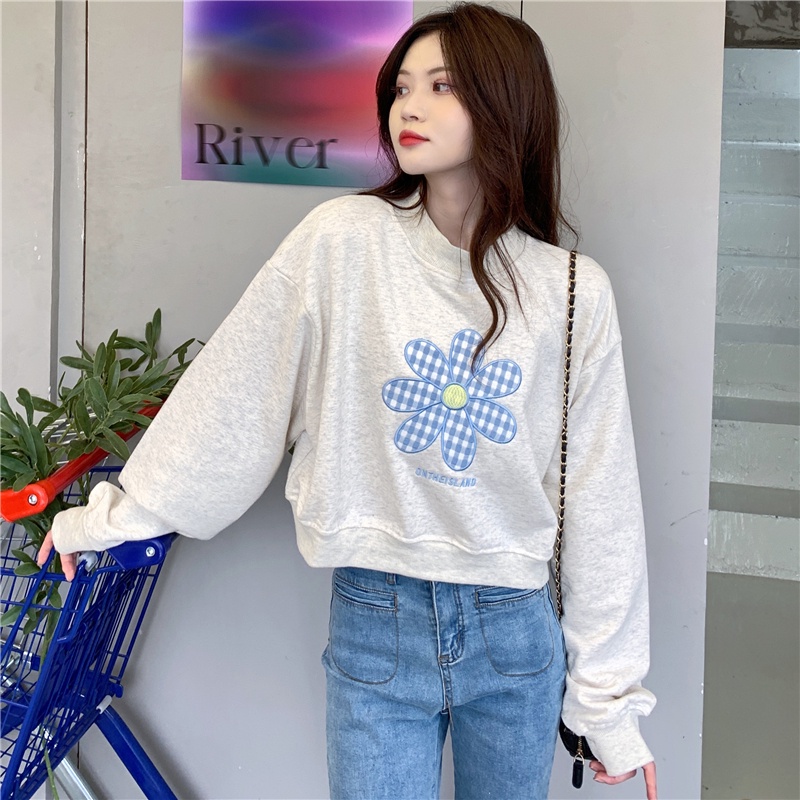 Áo sweater SUXI thể thao tay dài dáng rộng họa tiết hoa xinh xắn dễ phối đồ cho nữ