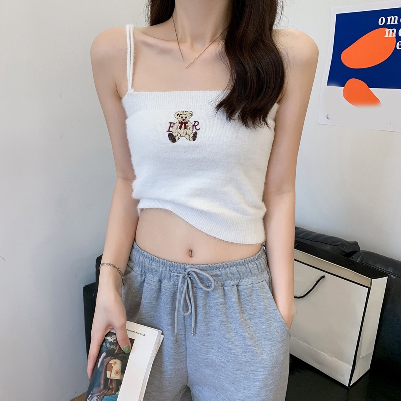 Áo Croptop Hai Dây Dệt Kim Thêu Hình Gấu Hoạt Hình Dễ Thương Cho Nữ