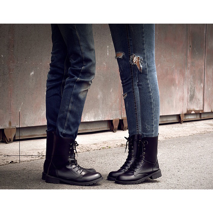 [SÀNH ĐIỆU] Giày boot unisex nam nữ combat da trơn S061 buộc dây, ống cao, cá tính, phong cách lính