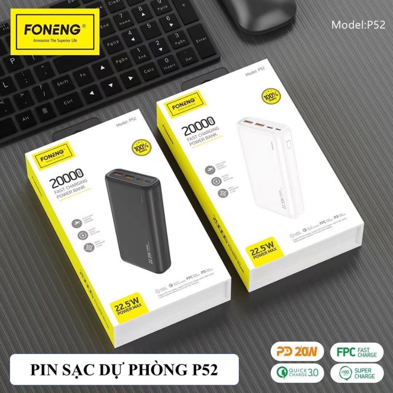 Sạc Pin Dự Phòng Foneng Flagship 20.000mAh P52- Sạc Nhanh PD 22.5W - Chính hãng Bảo Hành 12 Tháng