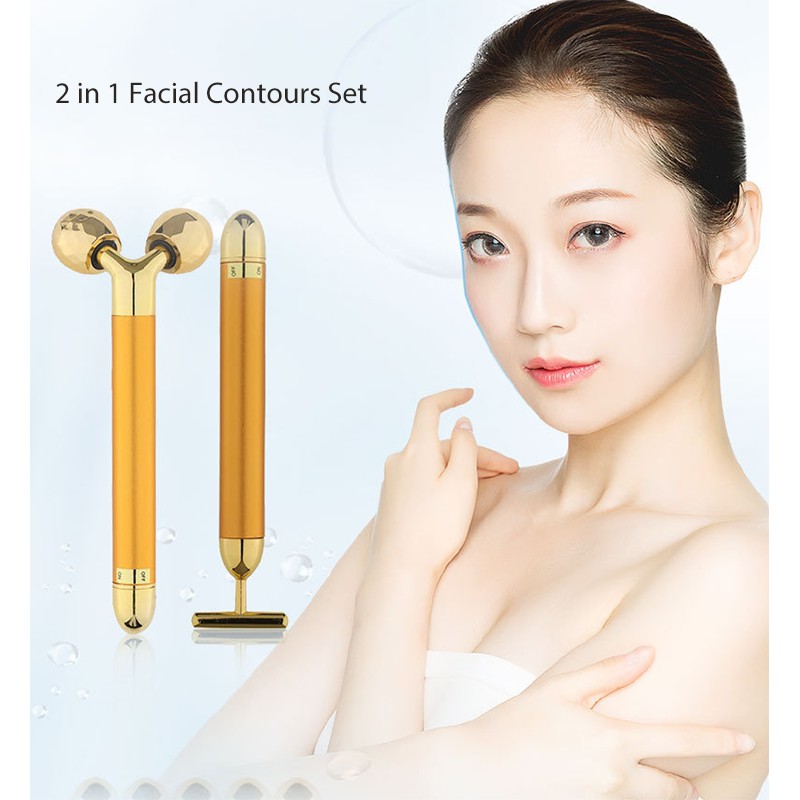 Bộ tạo đường nét khuôn mặt 2 trong 1 Con lăn 3D 24K Beauty Bar T Shape Máy mát xa mặt rung, điện xung, nâng cơ và làm săn chắc da mặt