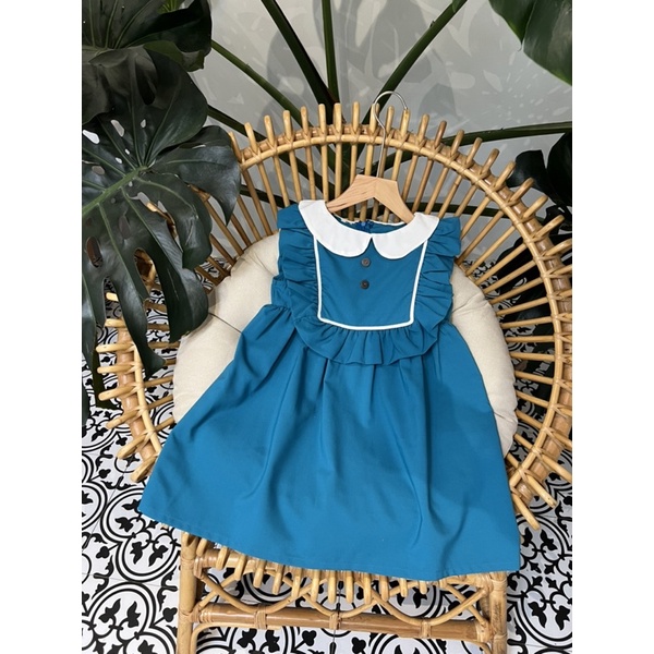Váy bé gái dáng suông cổ sơ mi trắng vải Sunkid SN12 màu xanh size trẻ em 4-12 tuổi