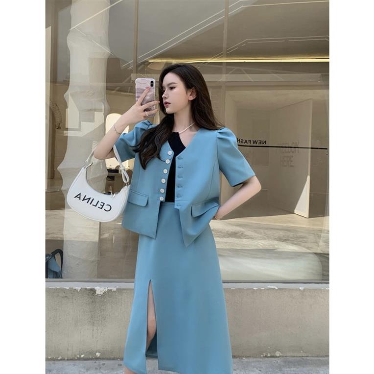 (M20) SET RETRO GỒM ÁO VEST NGẮN TAY VÀ CHÂN VÁY DÀI XẺ TÀ CAO