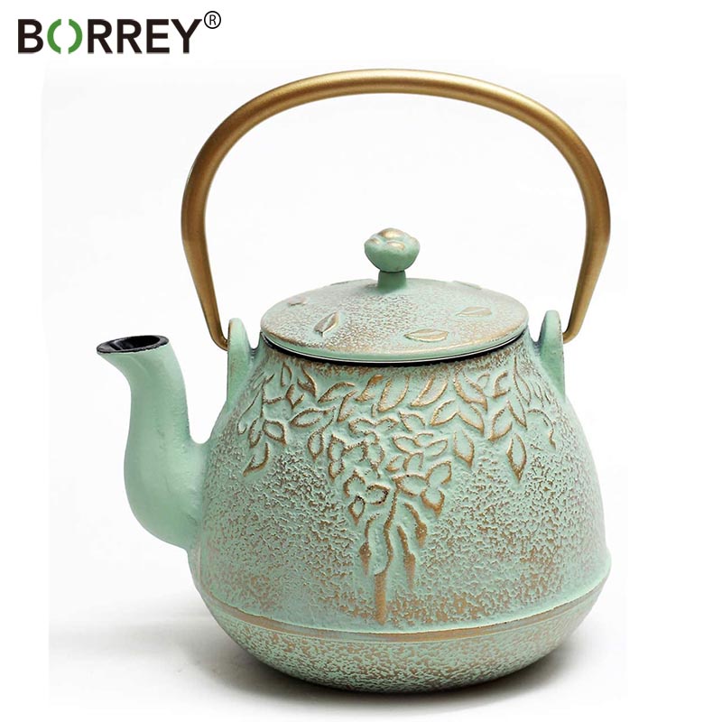 Ấm trà BORREY gang Nhật Bản với thép không gỉ Brewer thích hợp cho bếp 900ML Màu xanh lá cây nhạt