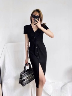 Đầm thun len gân xoắn eo