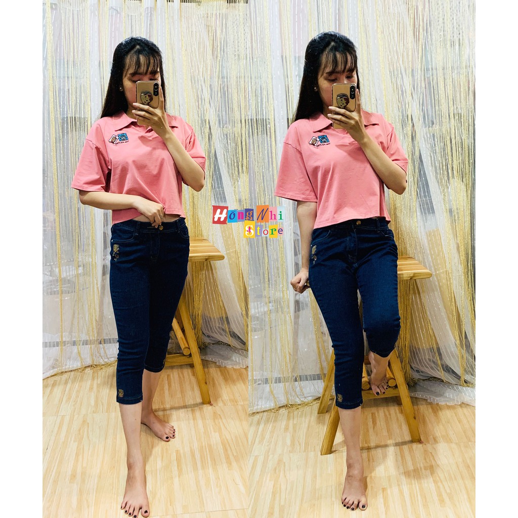 Áo Thun Polo Croptop Tay Lửng Dáng Rộng Ulzzang Thêu Hình