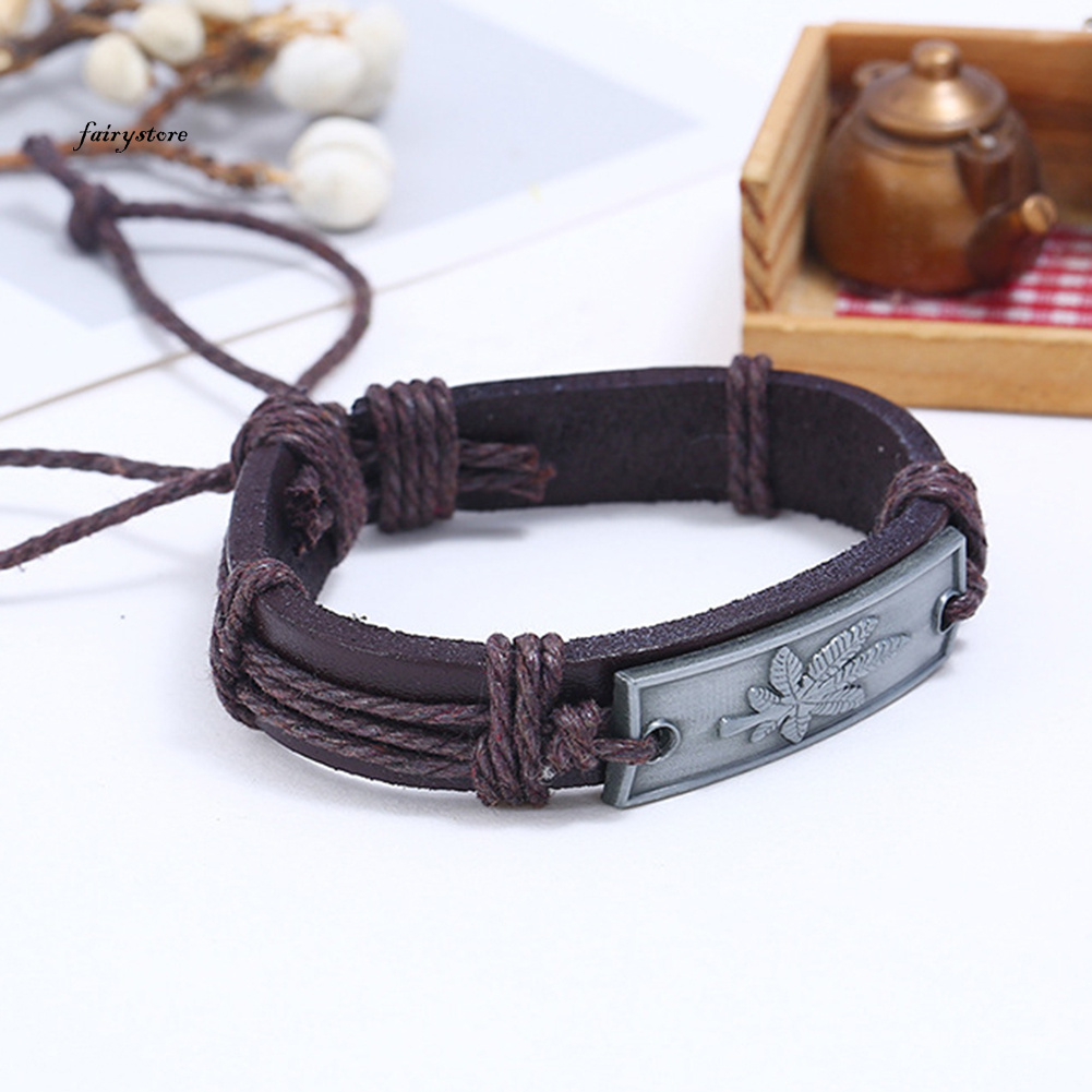 FA*Vintage Men Maple Leaf Faux Leather Bracelet Adjustable Rope Wristband Jewelry