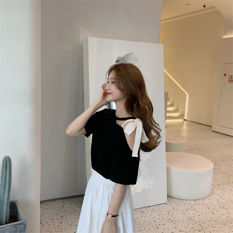 Áo Thun Tay Ngắn Hở Vai Thắt Nơ Phong Cách Hàn Quốc Dành Cho Nữ