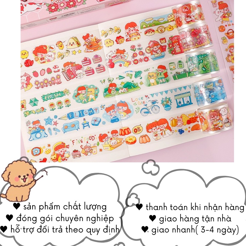 Washi Tape Dễ Thương và Hình Dán Sticker Cute Hộp Băng Dính Trang Trí 10 cuộn x 10 tấm