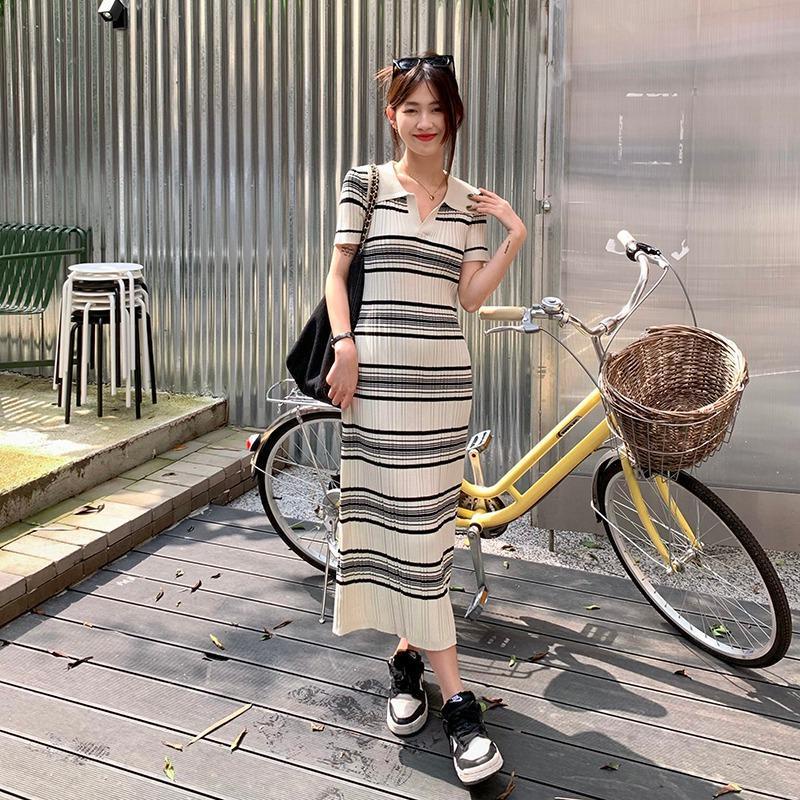 Váy Polo nữ THOYEUFASHION Váy chất len Kẻ Sọc Kiểu Retro Xinh Xắn, Đầm Dài Qua Gối Tay Ngắn Thời Trang Mùa Hè Thu Cho Nữ