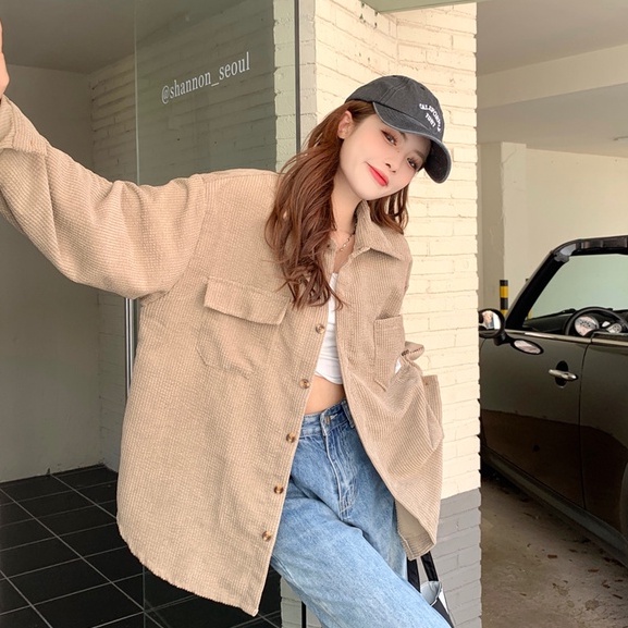 ZHELIHANGFEI Áo Sơ Mi Dài Tay Dáng Rộng Phối Túi Cá Tính Theo Phong Cách Nhật Bản