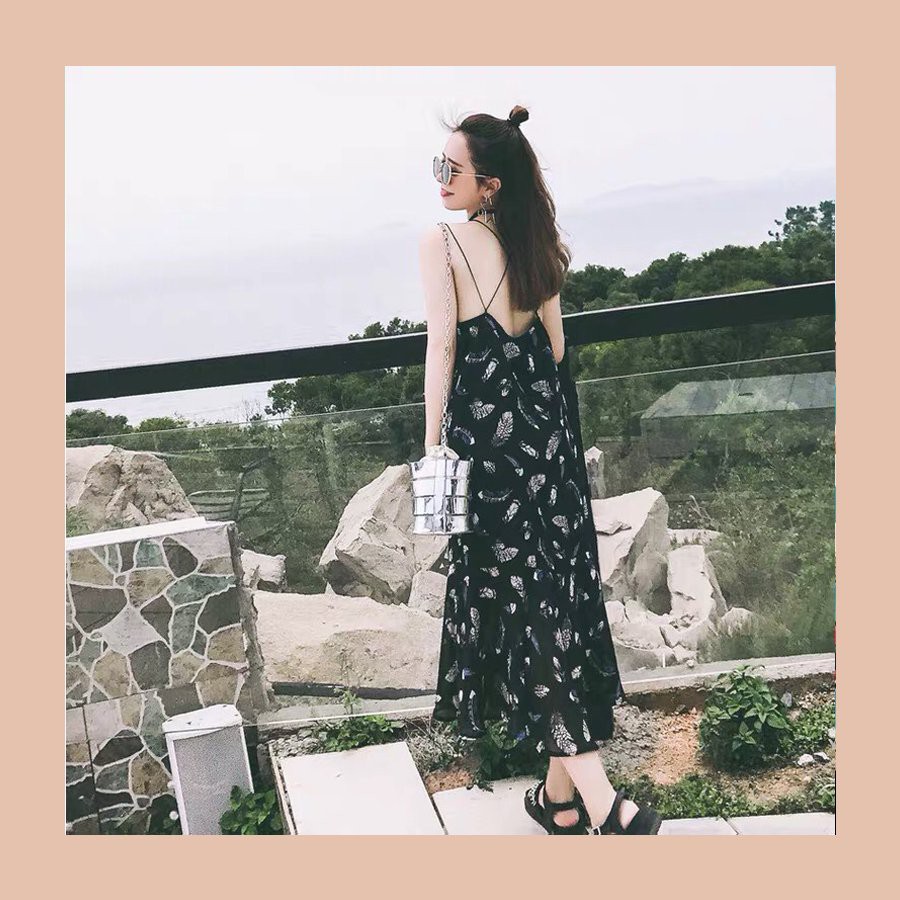 Váy Maxi Đi Biển, Đầm 2 Dây Đan Chéo Lưng Dáng Dài Đuôi Cá Chất Voan Siêu Đẹp V00118