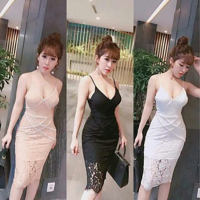 Đầm body 2 dây ren đính cườm sexy