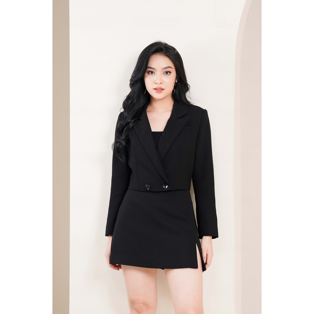 Set Vest Nữ Áo Vest Dáng Ngắn Vạt Chéo Kèm Chân Váy Xẻ Trước VENUS
