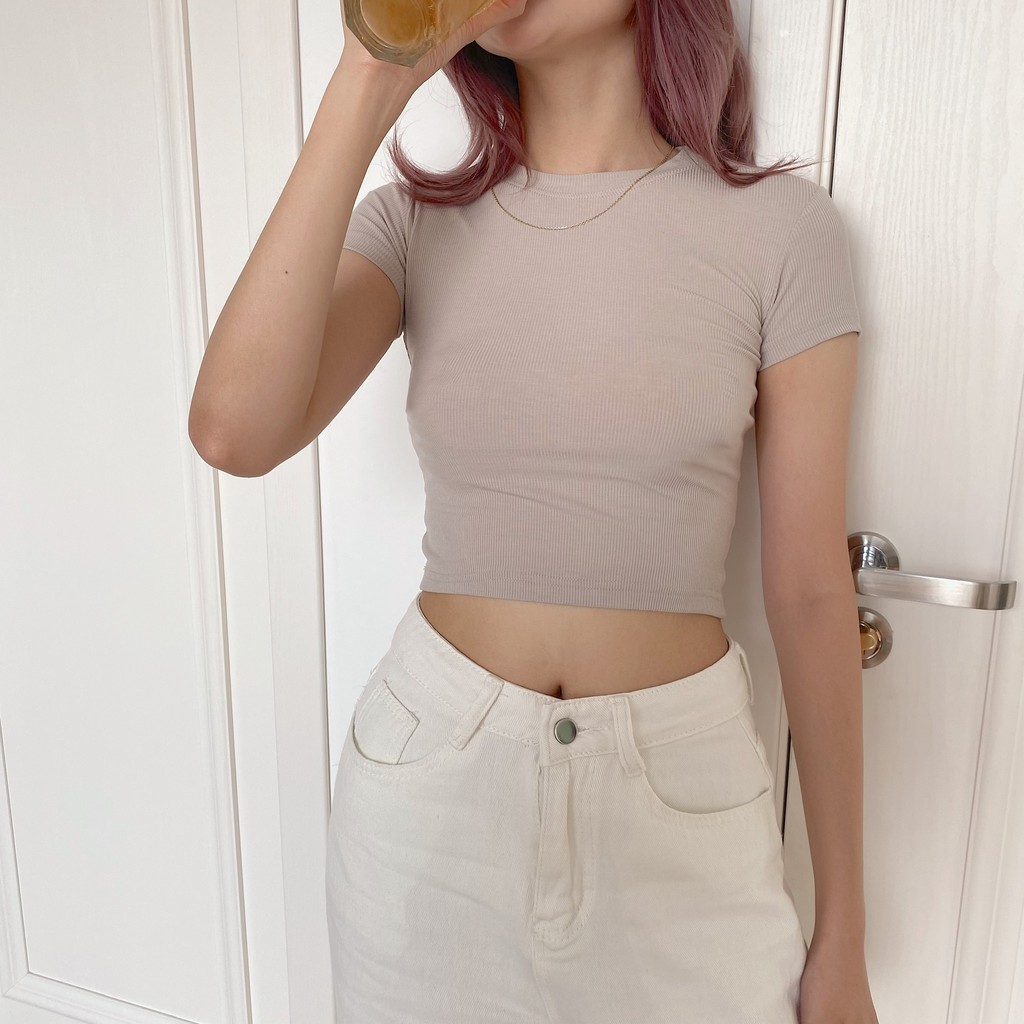 Áo croptop nữ thun tăm cổ tròn cộc tay vintage basic Mia Ritta a2081 ảnh thật