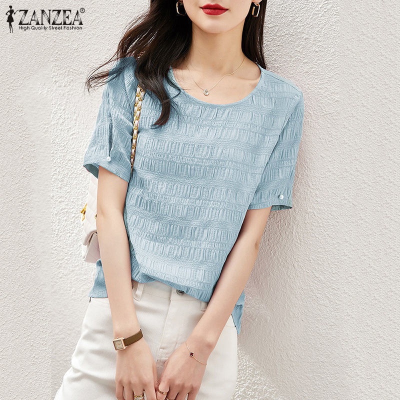 Áo kiểu ZANZEA tay ngắn cổ tròn xếp ly thời trang dành cho nữ