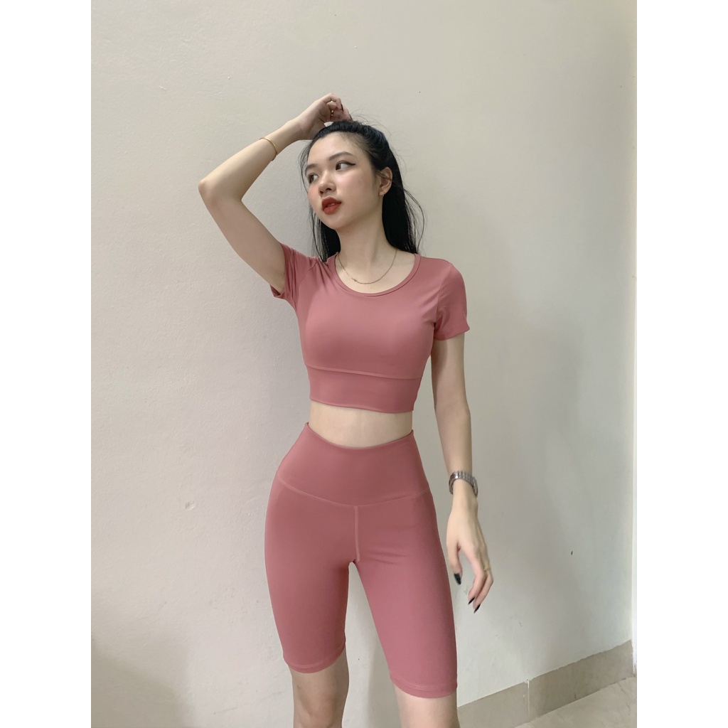 Set croptop đùi cạp bằng kèm mút tập gym yoga aerobic nữ chất thun lạnh 4 chiều co giãn(Ng02))