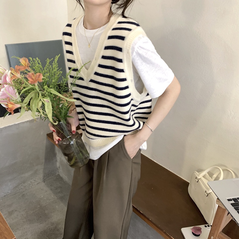 Áo dệt kim SUXI không tay dáng rộng họa tiết kẻ sọc phong cách Hàn Quốc thời trang mùa thu cho nữ