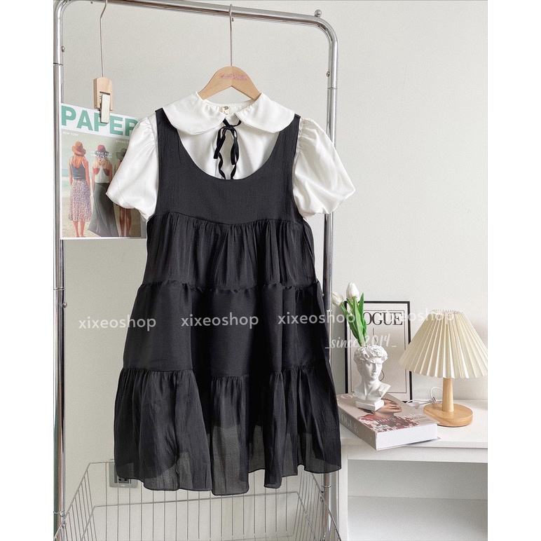 Set váy yếm babydoll đen kèm áo sơ mi trắng cổ nơ dễ thương xixeoshop - v181